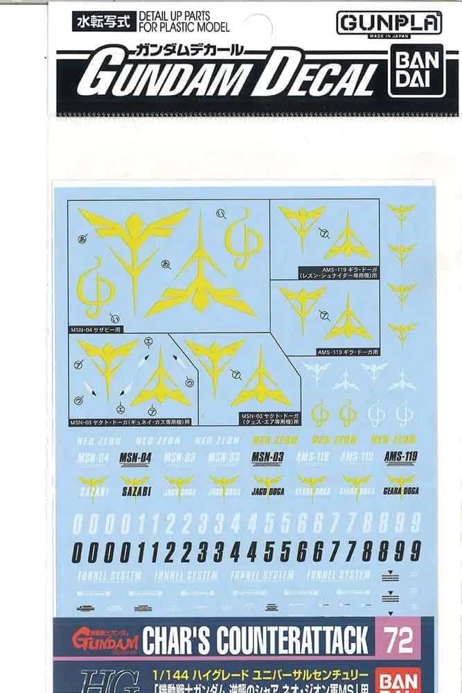 Gundam Decal 72 Char's Counterattack Zeon 1/144 – Decalcomanie ad acqua Bandai
